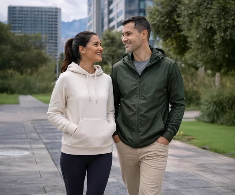 Mujer latina con buso de algodón y hombre con chaqueta rompevientos verde oscuro caminando en una ciudad como Bogotá, usando ropa cómoda y funcional para el día a día.