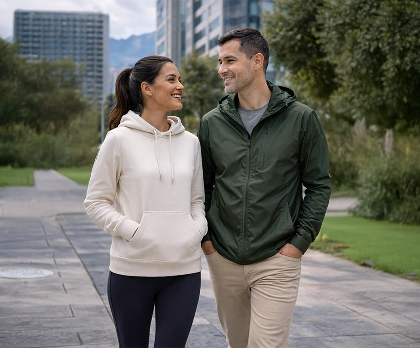 Mujer latina con buso de algodón y hombre con chaqueta rompevientos verde oscuro caminando en una ciudad como Bogotá, usando ropa cómoda y funcional para el día a día.